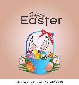Happy Easter background with realistic golden shine decorated eggs and Rabbit
