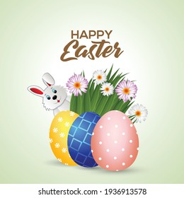Happy Easter background with realistic golden shine decorated eggs and Rabbit