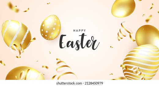 fondo feliz de la Semana Santa con huevos realistas y dorados decorados bello diseño vectorial ilustración