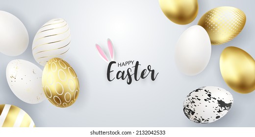 happy easter background with realistic and golden decorated eggs beautiful design vector illustration