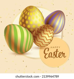 Felices antecedentes de Pascua con huevos realistas decorados con brillo dorado