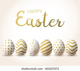  Happy Easter background with realistic golden decorated eggs. Greeting card trendy design. Invitation template Vector illustration for you poster or flyer