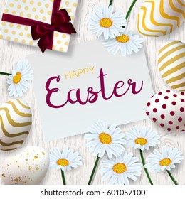  Happy Easter background with realistic golden decorated eggs and daisy flowers. Greeting card trendy design. Invitation template Vector illustration for you poster or flyer