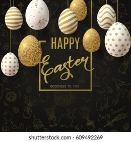  Happy Easter background with realistic golden decorated eggs and cute doodles. Greeting card trendy design. Invitation template Vector illustration for you poster or flyer.