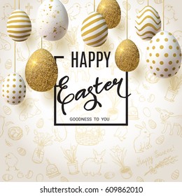  Happy Easter background with realistic golden decorated eggs and cute doodles. Greeting card trendy design. Invitation template Vector illustration for you poster or flyer.