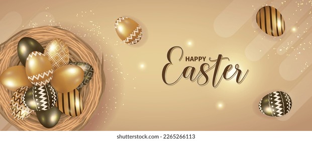 Happy Easter background with realistic metallic colored eggs decoration vector