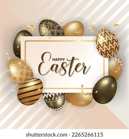 Happy Easter background with realistic metallic colored eggs decoration vector