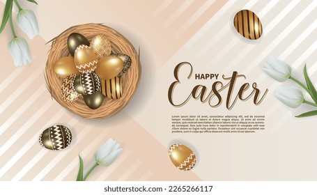 Happy Easter background with realistic metallic colored eggs decoration vector