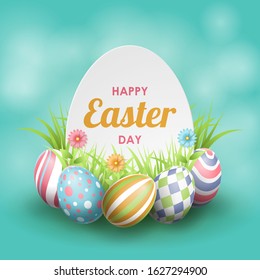 Happy Easter background with realistic painted eggs, grass, flowers and egg shape. Vector illustration