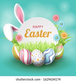 Happy Easter background with realistic painted eggs, grass, flowers, and rabbit ears. Vector illustration