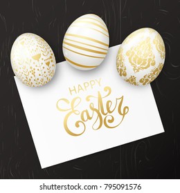 Happy Easter background with realistic pearl eggs with elegant floral ornament and callidraphy text on paper. Wooden background. Minimalistic vector template, trendy design. 