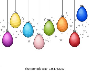 Happy Easter background with realistic shine decorated eggs. Vector illustration greeting card, ad, promotion, poster, flyer, web-banner, article - Vect
