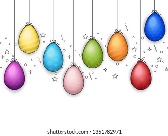 Happy Easter background with realistic shine decorated eggs. Vector illustration greeting card, ad, promotion, poster, flyer, web-banner, article - Vect