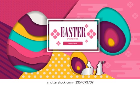 Happy Easter background with realistic shine decorated eggs, confetti. Vector illustration greeting card, ad, promotion, poster, flyer, web-banner, article
