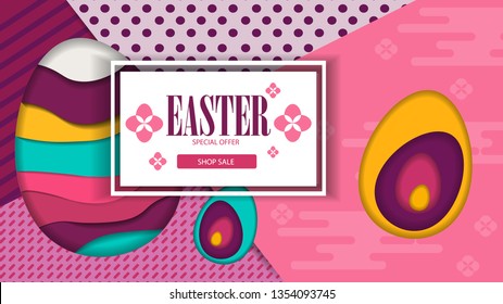 Happy Easter background with realistic shine decorated eggs, confetti. Vector illustration greeting card, ad, promotion, poster, flyer, web-banner, article