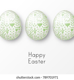 Happy Easter background with realistic white eggs with elegant floral ornament and text. Minimalistic vector design. Spring holiday illustration