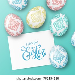 Happy Easter background with realistic white eggs with elegant floral ornament and callidraphy text on paper. Minimalistic vector design