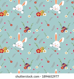 Happy Easter background. Seamless pattern. Cute bunny. Colored eggs, flowers and branches. Vector illustration isolated on a blue background.