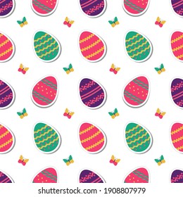 Happy Easter background. Seamless pattern. Colored eggs and butterflies in flat style. Vector illustration isolated on a white background.
