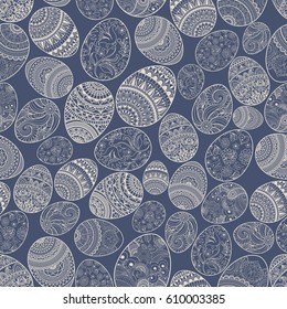 Happy Easter background seamless pattern with eggs hand drawn blue and beige with ornaments of flowers, leaves and  Mandala elements. Vector illustration.