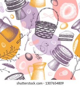 Happy Easter background. Shabby Chic style. Vector holiday design. Hand drawn eggs, jar, feathers, basket, carrot cake, tree twigs, wreath illustrations. Spring seamless pattern.