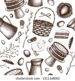 Happy Easter background. Shabby Chic style. Vector holiday design. Hand drawn eggs, jar, feathers, basket, carrot cake, tree twigs, wreath illustrations. Spring seamless pattern.