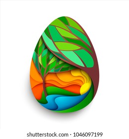 Happy Easter background. Silhouette of an egg with green trees, a sunset and a river. Paper design. Vector