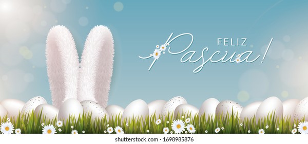 Happy Easter Background in Spanish. Feliz Pascua. Easter bunny Ears with White eggs on Meadow with Flowers Background and Happy Easter Greeting Text. Vector