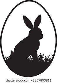 Happy-Osterhintergrund, quadratischer Vektorgrafik - Schwarze Silhouette aus Osterei, Osterhasen und Gräser einzeln auf weißer Struktur