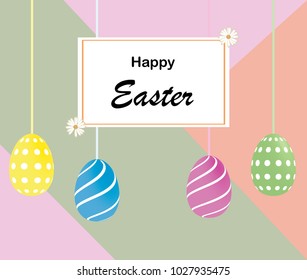 Happy Easter background template with beautiful camomiles and eggs. Happy Easter big hunt or sale banner lettering with Colorful Eggs. Vector illustration