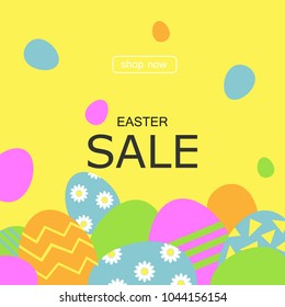 Happy Easter background template with beautiful camomiles and eggs. Happy Easter big hunt or sale banner lettering with Colorful Eggs. Vector illustration