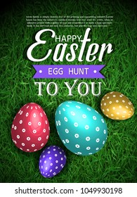 Happy Easter background template with beautiful  eggs. Happy Easter big hunt or banner lettering with Colorful Eggs. 