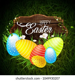 Happy Easter background template with beautiful  eggs. Happy Easter big hunt or banner lettering with Colorful Eggs. 