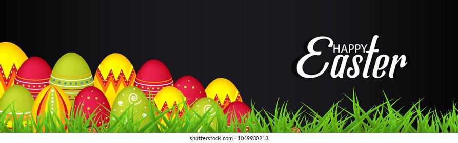 Happy Easter background template with beautiful  eggs. Happy Easter big hunt or banner lettering with Colorful Eggs. 