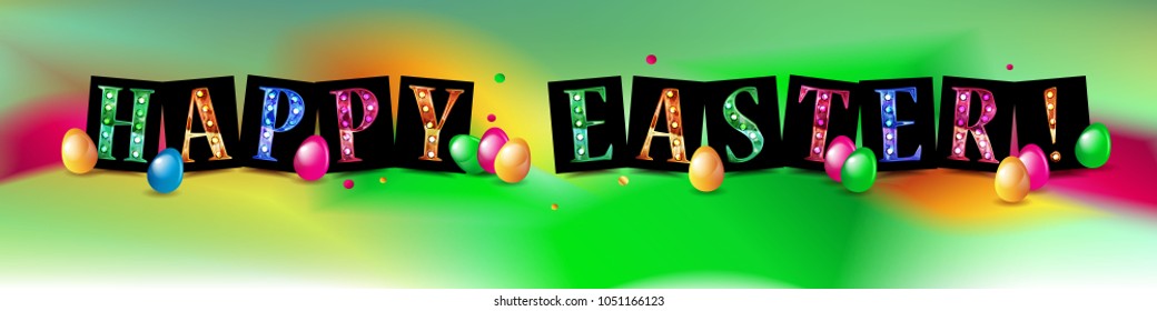 Happy Easter background template with beautiful camomiles and eggs. Happy Easter big hunt or sale banner lettering with Colorful Eggs. Vector illustration