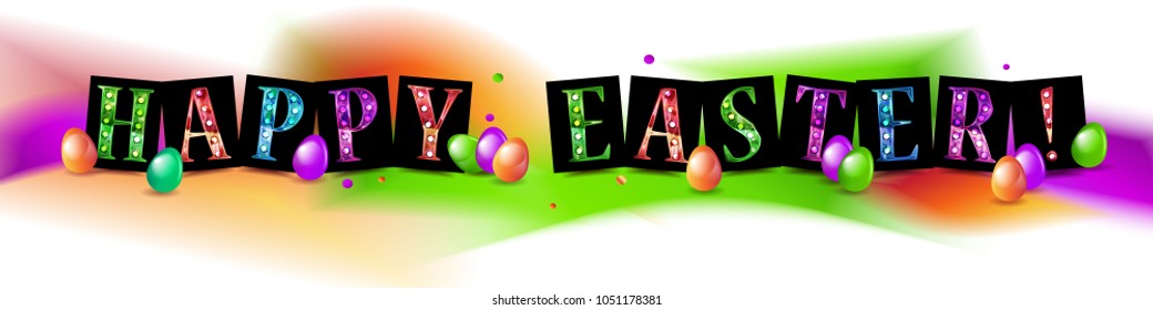 Happy Easter background template with beautiful camomiles and eggs. Happy Easter big hunt or sale banner lettering with Colorful Eggs. Vector illustration