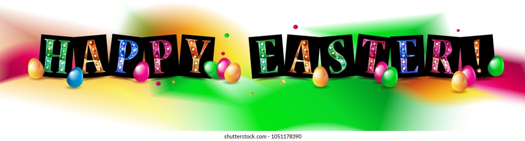 Happy Easter background template with beautiful camomiles and eggs. Happy Easter big hunt or sale banner lettering with Colorful Eggs. Vector illustration