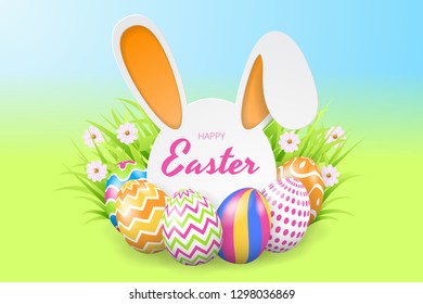 Happy easter background template with beautiful flowers, grass and eggs. Greeting Card. Vector illustration