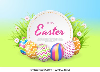 Happy easter background template with beautiful flowers, grass and eggs. Greeting Card. Vector illustration