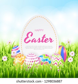 Happy easter background template with beautiful flowers, grass and eggs. Greeting Card. Vector illustration