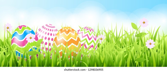Happy easter background template with beautiful flowers, grass and eggs. Greeting Card. Vector illustration