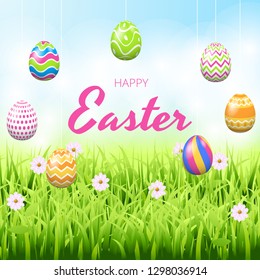 Happy easter background template with beautiful flowers, grass and eggs. Greeting Card. Vector illustration