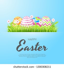 Happy easter background template with beautiful flowers, grass and eggs. Greeting Card. Vector illustration