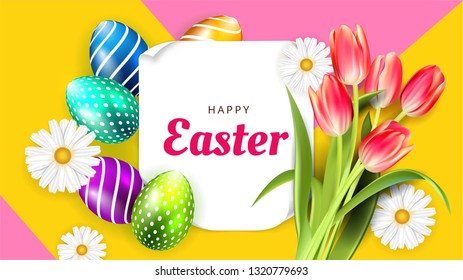 Happy Easter background template with beautiful camomiles tulip and eggs. Happy Easter big hunt or sale banner lettering with Colorful Eggs. Vector illustration