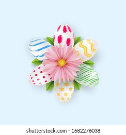 Happy Easter background template with beautiful camomiles and eggs. Vector illustration