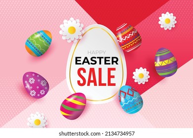 Happy Easter background template with beautiful flower and eggs. Happy Easter sale banner lettering with Colorful Eggs. Vector illustration