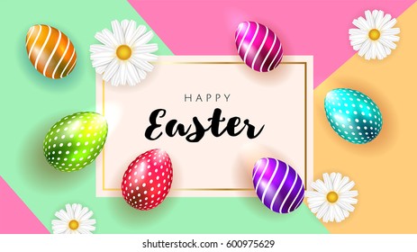 Happy Easter background template with beautiful camomiles and eggs. Happy Easter big hunt or sale banner lettering with Colorful Eggs. Vector illustration