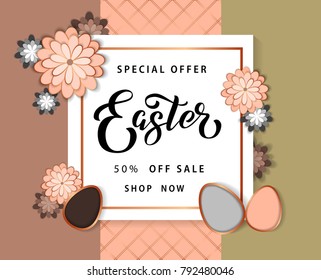 Happy Easter background template with beautiful camomiles and eggs. Happy Easter big hunt or sale banner lettering with Colorful Eggs. Vector illustration