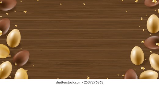 Happy Easter background template with Chocolate Easter Eggs,Gold elements on Brown Wood Table Background.Vector Backdrop top view display for Easter Day Promotion,Shopping,Sale or Web banner