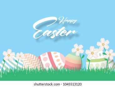 Happy Easter background template with colorful Easter eggs and beautiful flower and blue background. Vector illustration.
